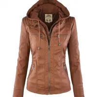 Woman Removable Hoodie Faux Leather Jacket