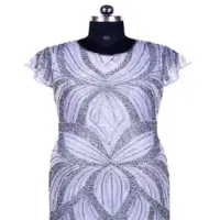 Blue Gray Floral Sleeveless Evening Gown