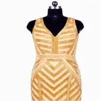 V Shape Golden Sleeveless Evening Gown