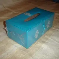 Handmade Leather Tissue Box Blue Embroidered