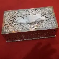 Moroccan Handmade Silver Metal Tissue Box Carved