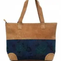 Blue Kantha And Leather Handbag