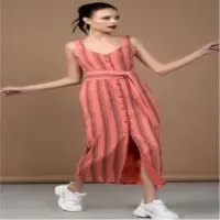 Peach Striped Mid Length Dress