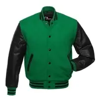 Green Body Black Leather Sleeves Varsity Jacket