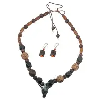 Wooden Black Beaded Necklace Earrings Set