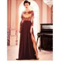 Brown Scuba Creased Embroidered Gown