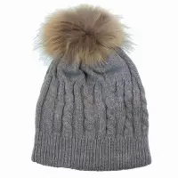 Cable Knit Hat With Fur Ball