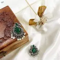 Green Stone Oxidized Metal Earrings