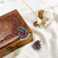 Pink Stone Oxidized Metal Earrings