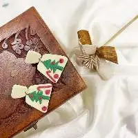 Green Christmas Pink Floral Clay Earrings