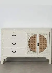 Brown Wicker & White Mango Wood Sideboard