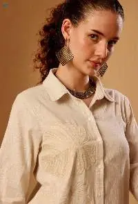 Beige Embroidered Linen Blend Shirt Dress