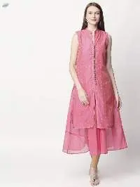Women's Chanderi Printed Regular Kurti Pink