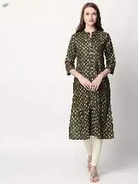Womens Cotton Printed Regular Kurti Green