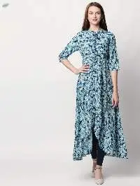 Womens Cotton Printed Regular Kurti Blue