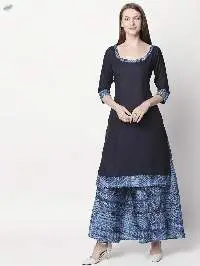 Womens Rayon Printed Regular Kurti Navy Blue