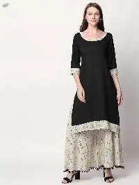 Black Kurti Floral Print On Off White Base Skirt