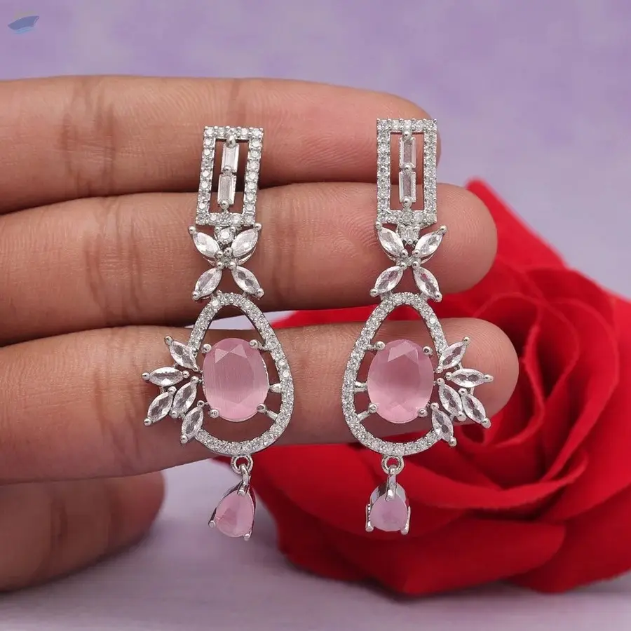 Brass Silver Plated American Diamond Earrings