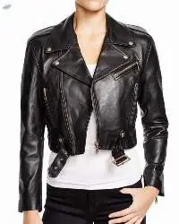 Women's Belted Black Cropped Leather Jacket