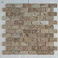 "Mocha Latte Travertine Tumbled Mosaic on Mesh