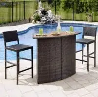 Wicker 2 Bar Chair and Bar Table with Wooden Top