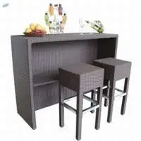 Wicker Bar Counter with 2 Bar Stools
