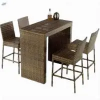 Wicker Wooden Bar Table with 4 Bar Chairs