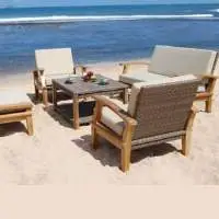 Wicker Wooden 1+1+3 Seater Sofa And Table
