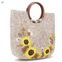 Hand Embroidery Jute Bag With Wooden Handles