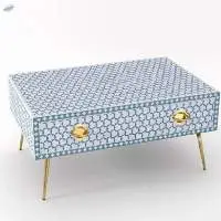 Bone Inlay Coffee Table Blue Daisy Pattern