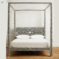 Bone Inlay Bed Black Floral Pattern Queen