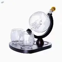Globe Whiskey Decanter With Round Wooden Tray