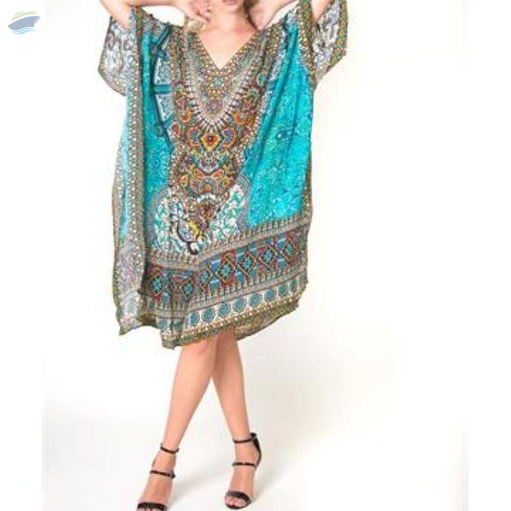 Sparkle Azul Silk Short Digital Kaftan 