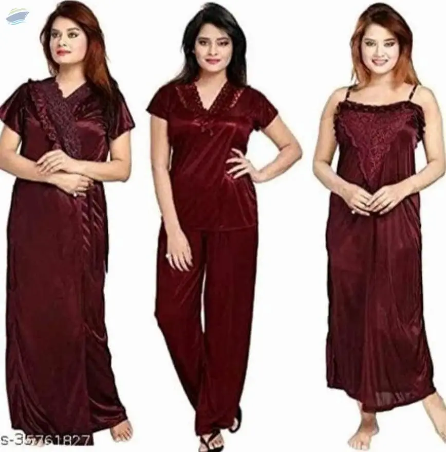 Fancy Womens 4 Pcs. Satin Nighty