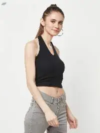 Black Halter Neck Ribbed Crop Top