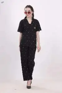 Crown Embelished Black Printed Night Suit