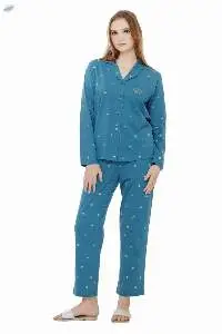 Denim blue Printed Collar Night Suit