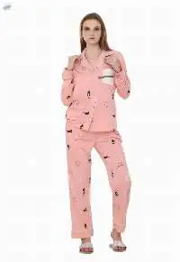Cat Print Peach Color, Collar Night Suit