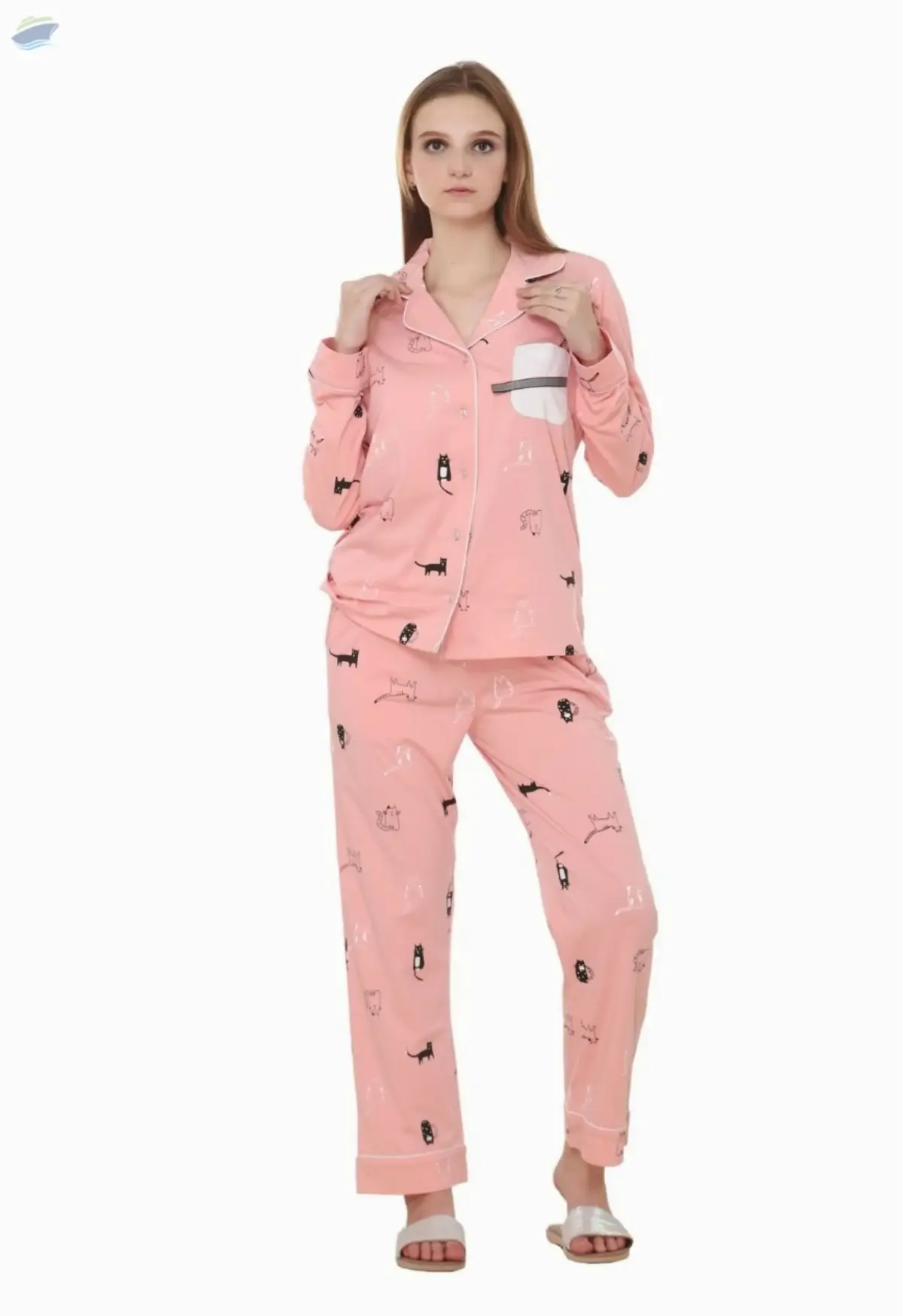 Cat Print Peach Color, Collar Night Suit