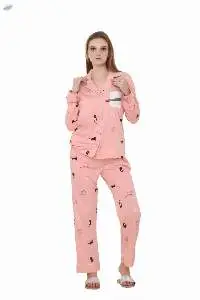 Cat Print, Sky Blue Color, Collar Night Suit