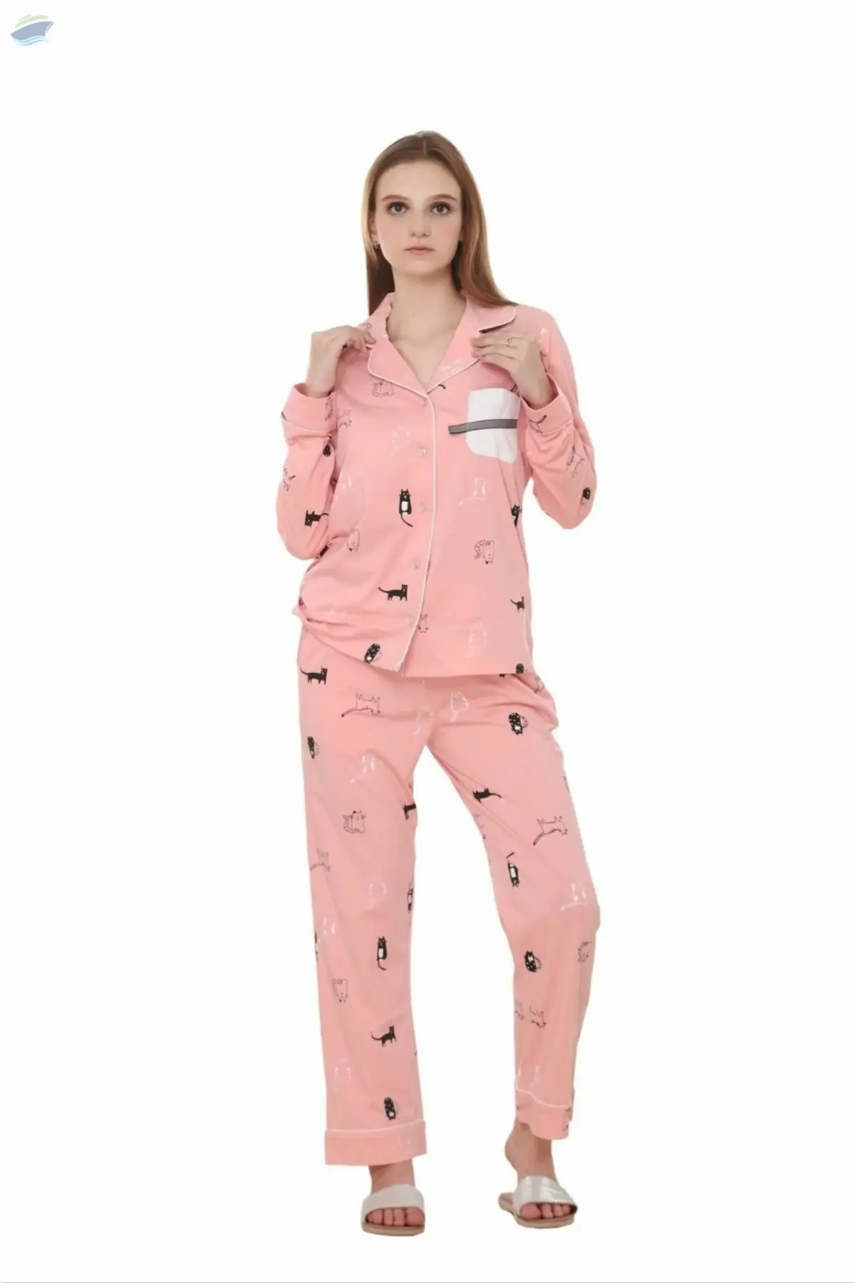 Cat Print, Sky Blue Color, Collar Night Suit