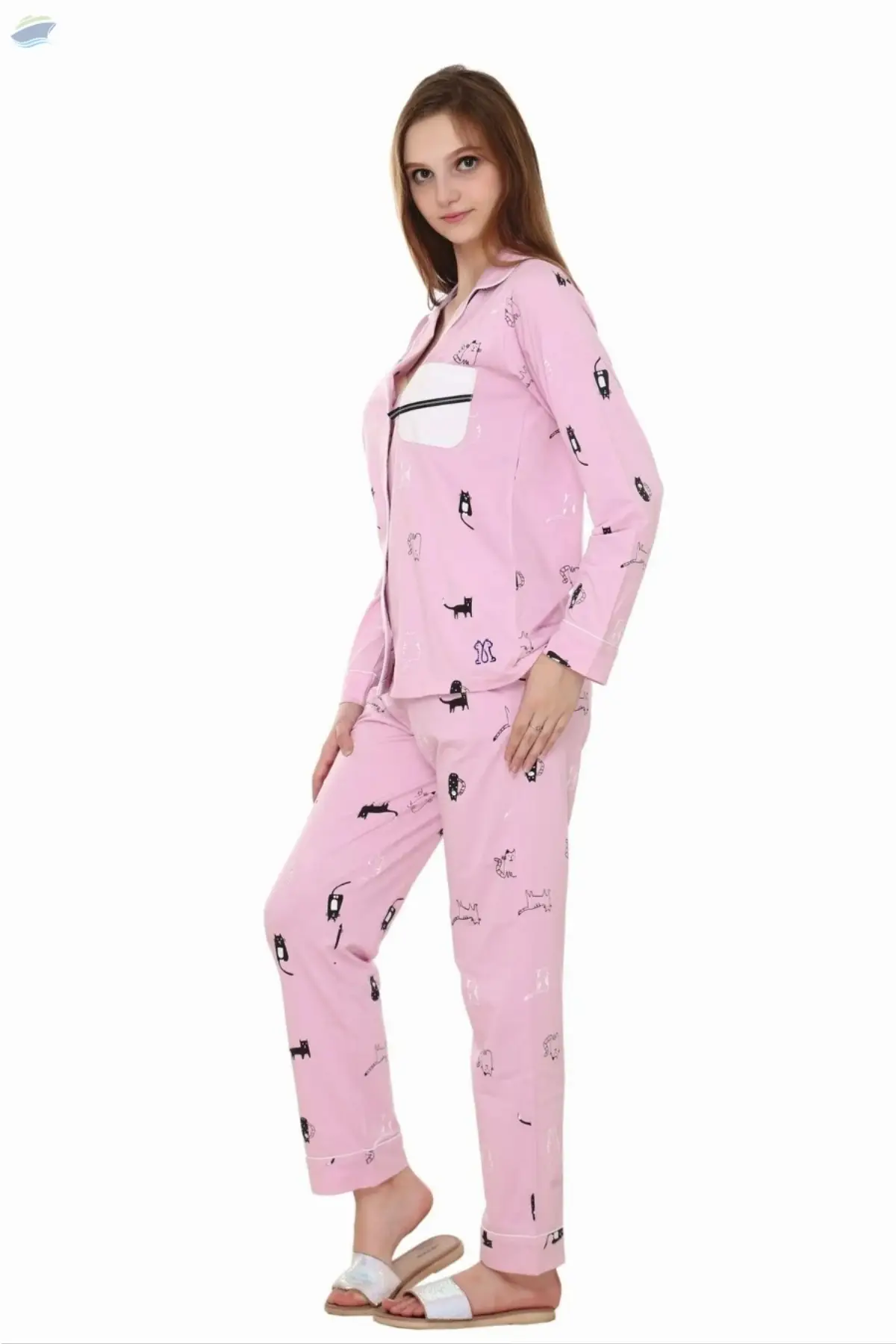 Cat Print Lavender Color, Collar Night Suit