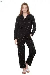 Black Printed Collar Night Suit with pocket