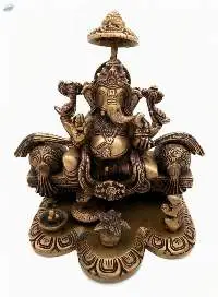 Brass Ganesh Sitting On Throne With Umbrella