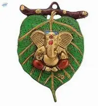 Lord Ganesh in Red Dhoti on Green Leaf Wall