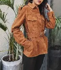 Women Leather Fleece and Hunting Pocket Coat