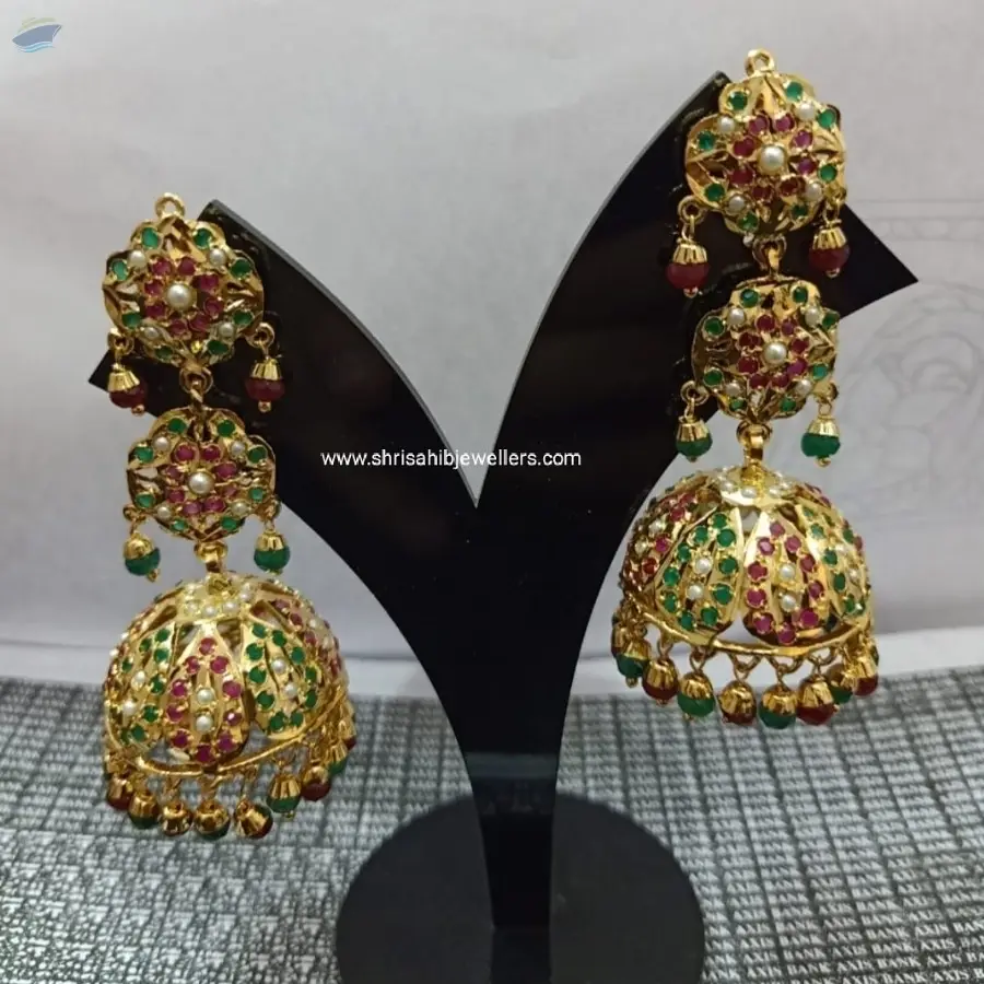 Ruby Green Gold Plated Long Jumki