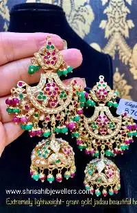 Gold Ruby Green Laminated Pearl Long Jumki