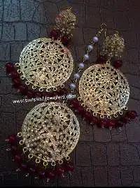 Mehroon Pearl Jadau Earring with Tikka