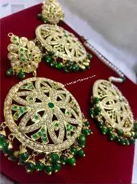 Gold Plated Green White Earring With Tikka